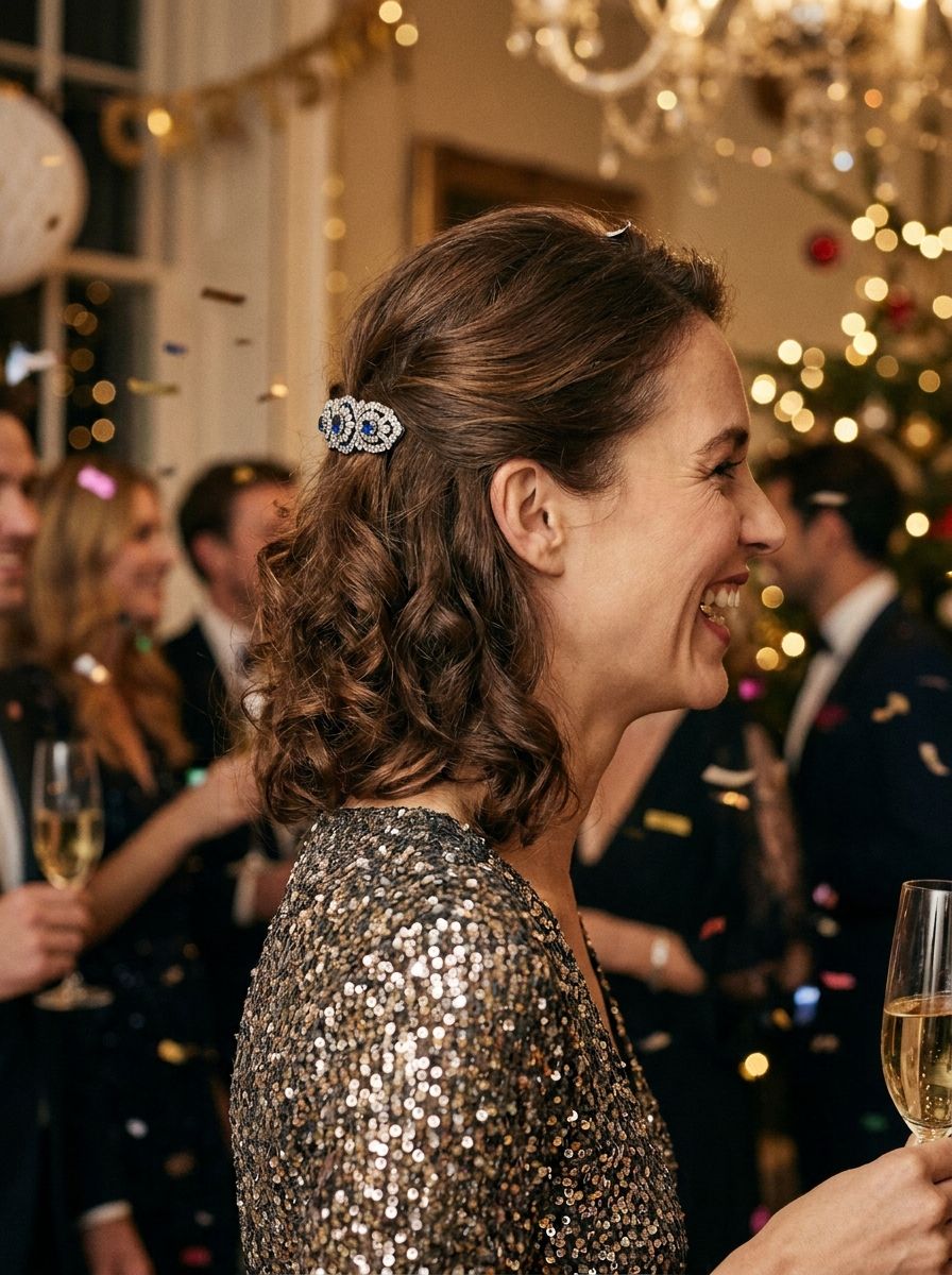 Halboffene Locken mit Schmuckspange - Silvester Frisuren mittellang